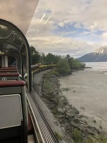 View to mudflats and mountain from the Alaska Railroad Coastal Classic train.