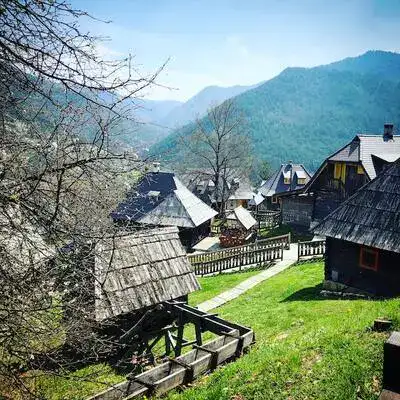 Traditional Serbian wooden houses in Drvengrad village in the mountains.
