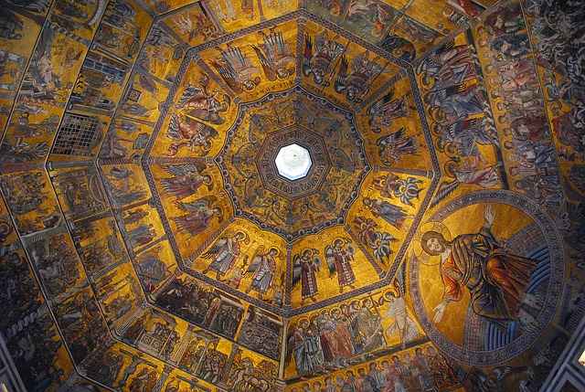 Golden fresco inside the dome of Florence Cathedral, Italy.