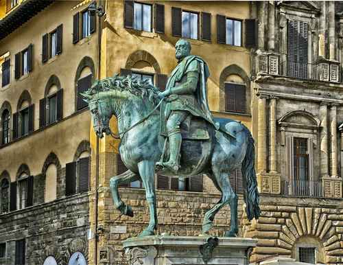 Bronze equestrian statue of Cosimo Medici in Piazza Signoria, Florence.