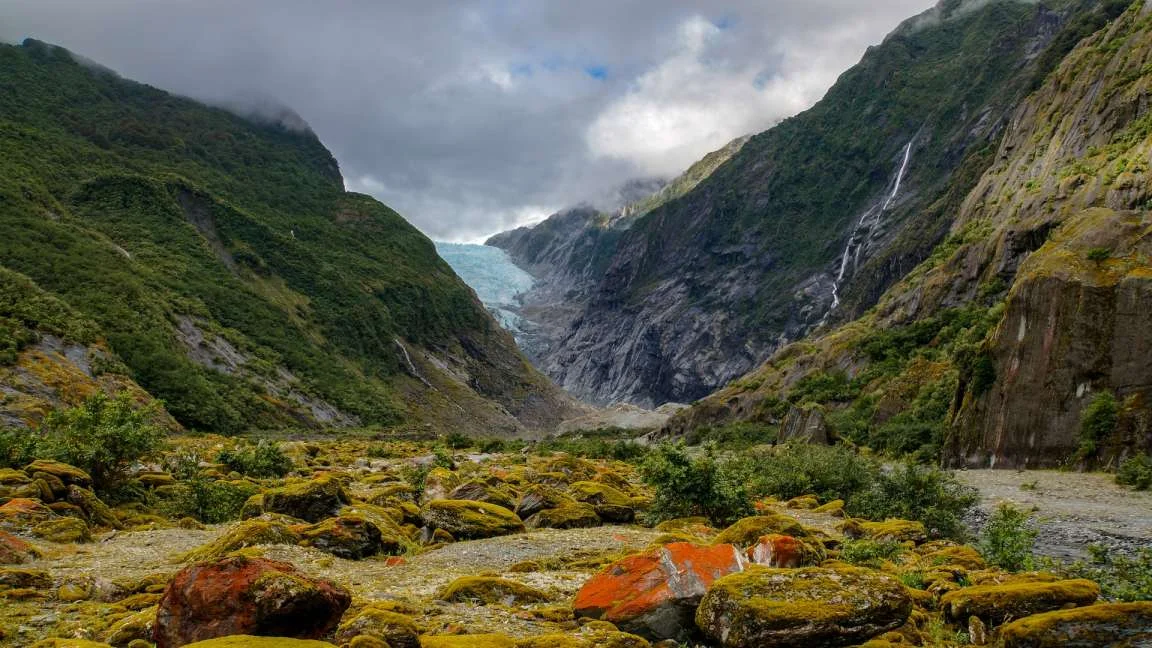 Heathland trail in front of mountains with the glacier in the disrance.