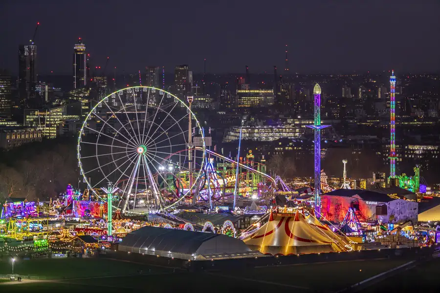 Aerial view of London Winter Wonderland best place to visit in Europe in December.