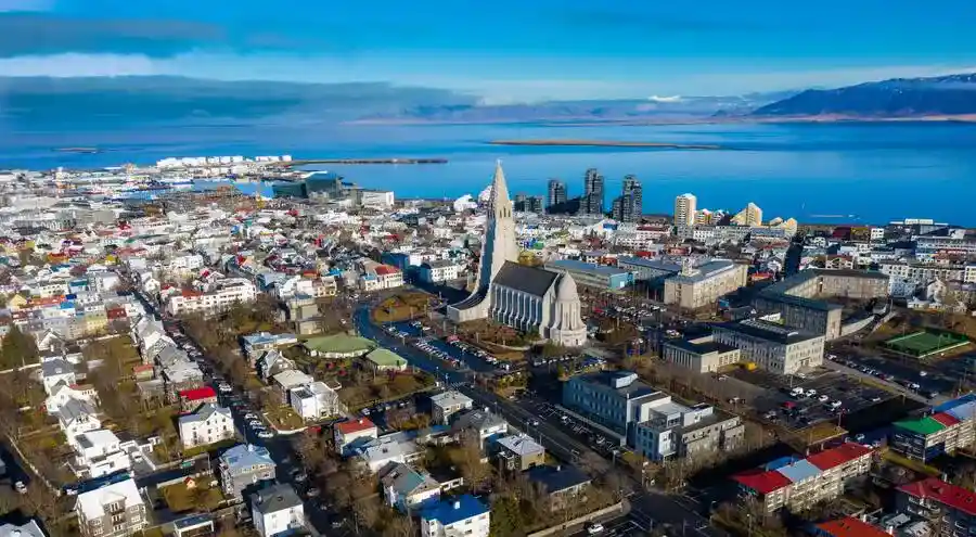 Aerial view of Reykjavik towards the sea.