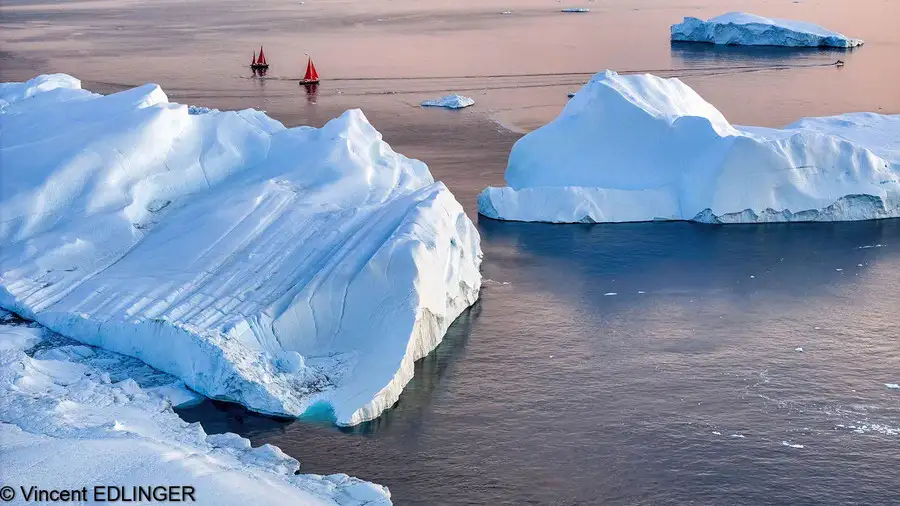 Greenland’s serene beauty is captured in this image of icebergs and sailboats navigating through calm waters.