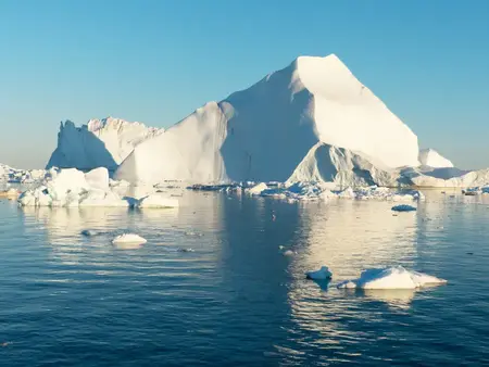 Giant icebergs seen from the Greenland coastal ferry off Ilulissat.