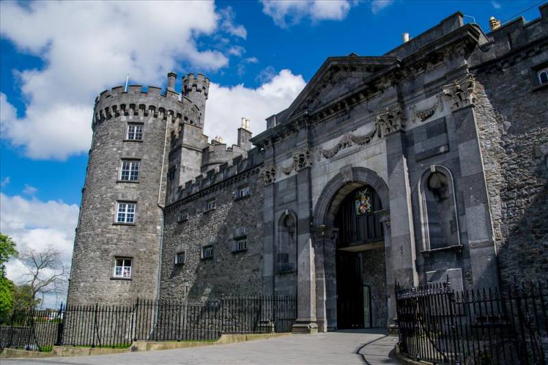 Tower and front entrance to Kilkenny Castle near Dublin.