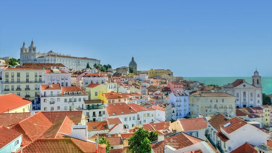 Lisbon panoramic view of colourful houses and the cathedral.