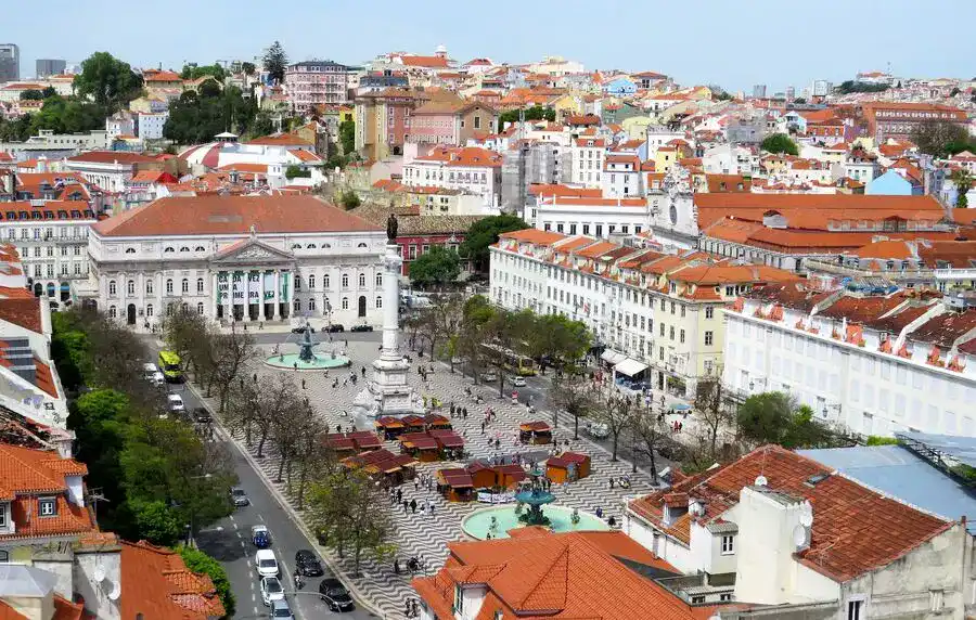 Aerial view of Rossio Square in Lisbon Baixa district.