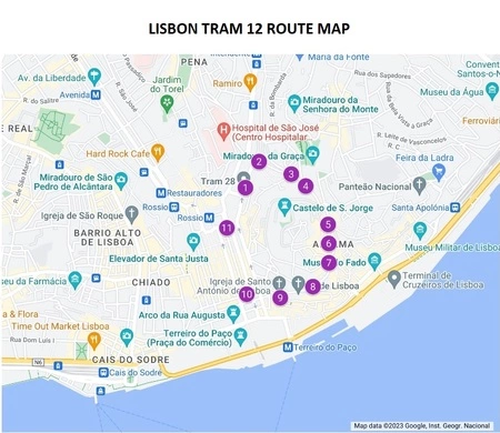 Lisbon tram 12 itinerary on google maps.