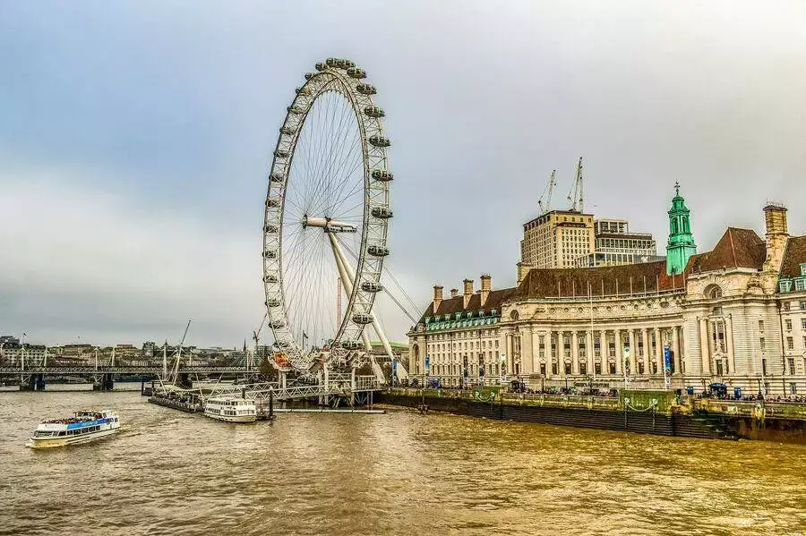 London Eye ferris wheel seen across the Thames river.