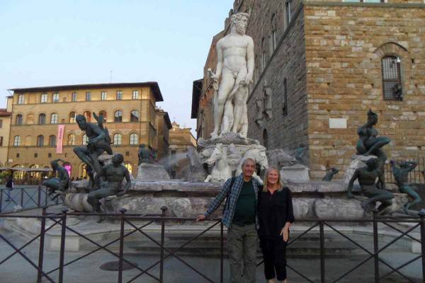 Standing in front of Neptune's Fountain in Piazza Della Signoria on Sunday in Florence, Italy.