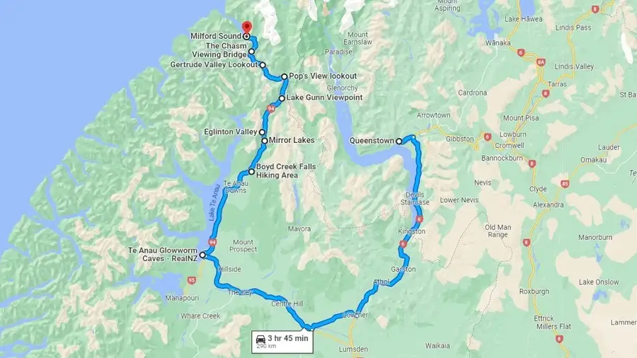 Queenstown to Milford Sound road map with points of interests.