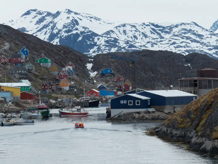 Colourful settlement of Kangaamiut seen from the Sarfaq Ittuk Greenland coastal ferry.