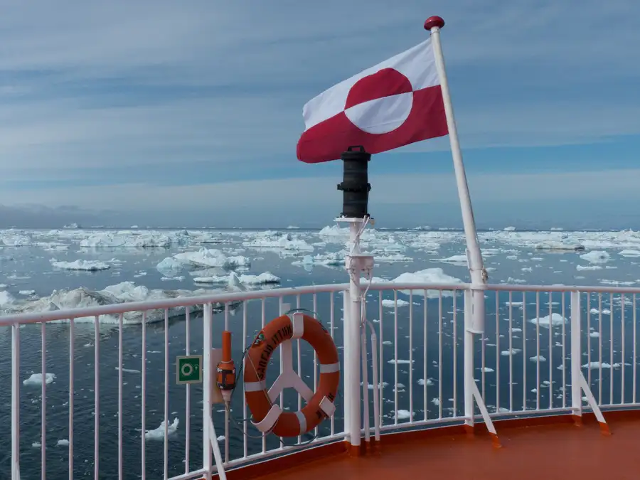 View of icy seas from the deck of Sarfaq Ittuk Greenland coastal ferry.