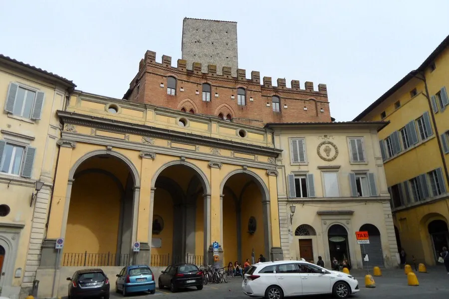 The Loggia and Palazzo Ballati on Piazza Indipendenza in the walled city of Siena.