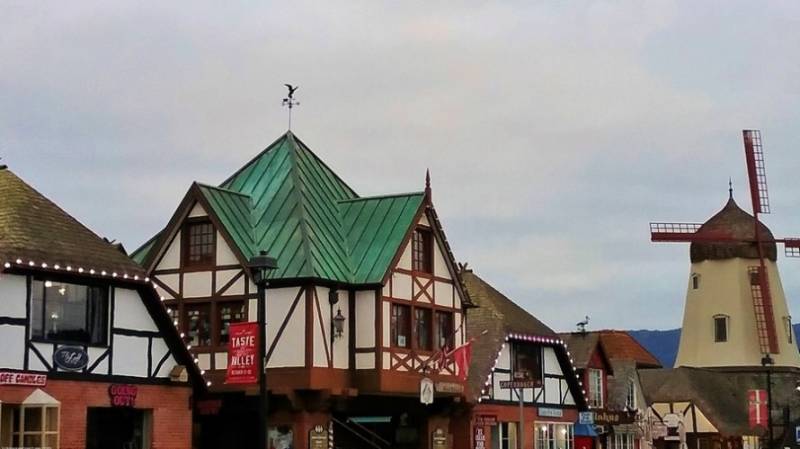 Old Danish-style restaurants and windmill in Solvang, California.