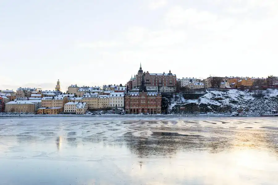 View over frozen waters to Stockholm in December.