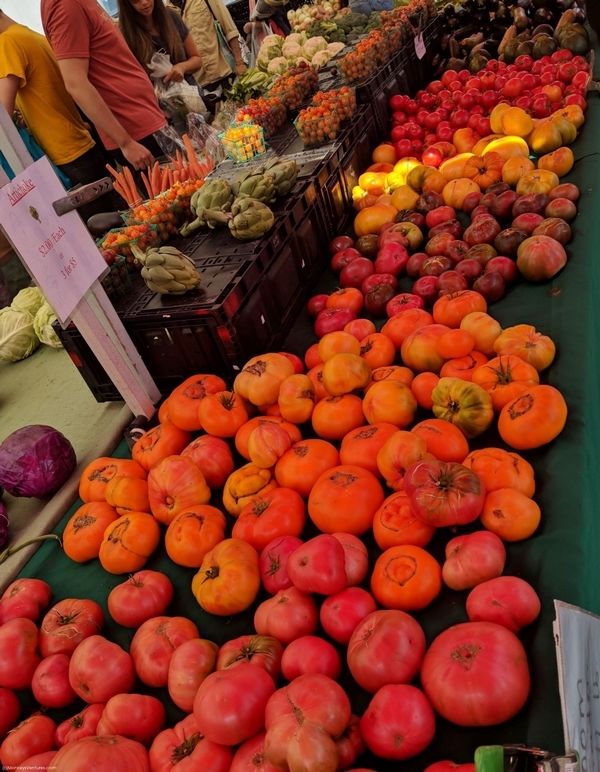 Tomatoes on a stall at the Farmers Market, San Francisco Bay area.