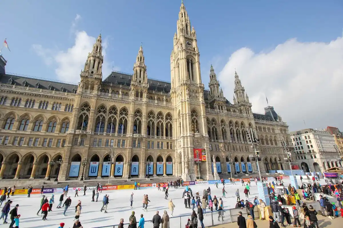 Ice-skating outside Vienna Town Hall in December.