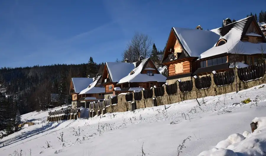 Wooden chalets by the ski slopes in Eastern Europe.